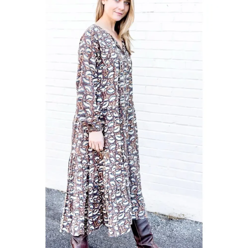 Maleu Washed Cotton Block Print Burgundy Floral Tiered Maxi Dress S - Picture 2 of 8